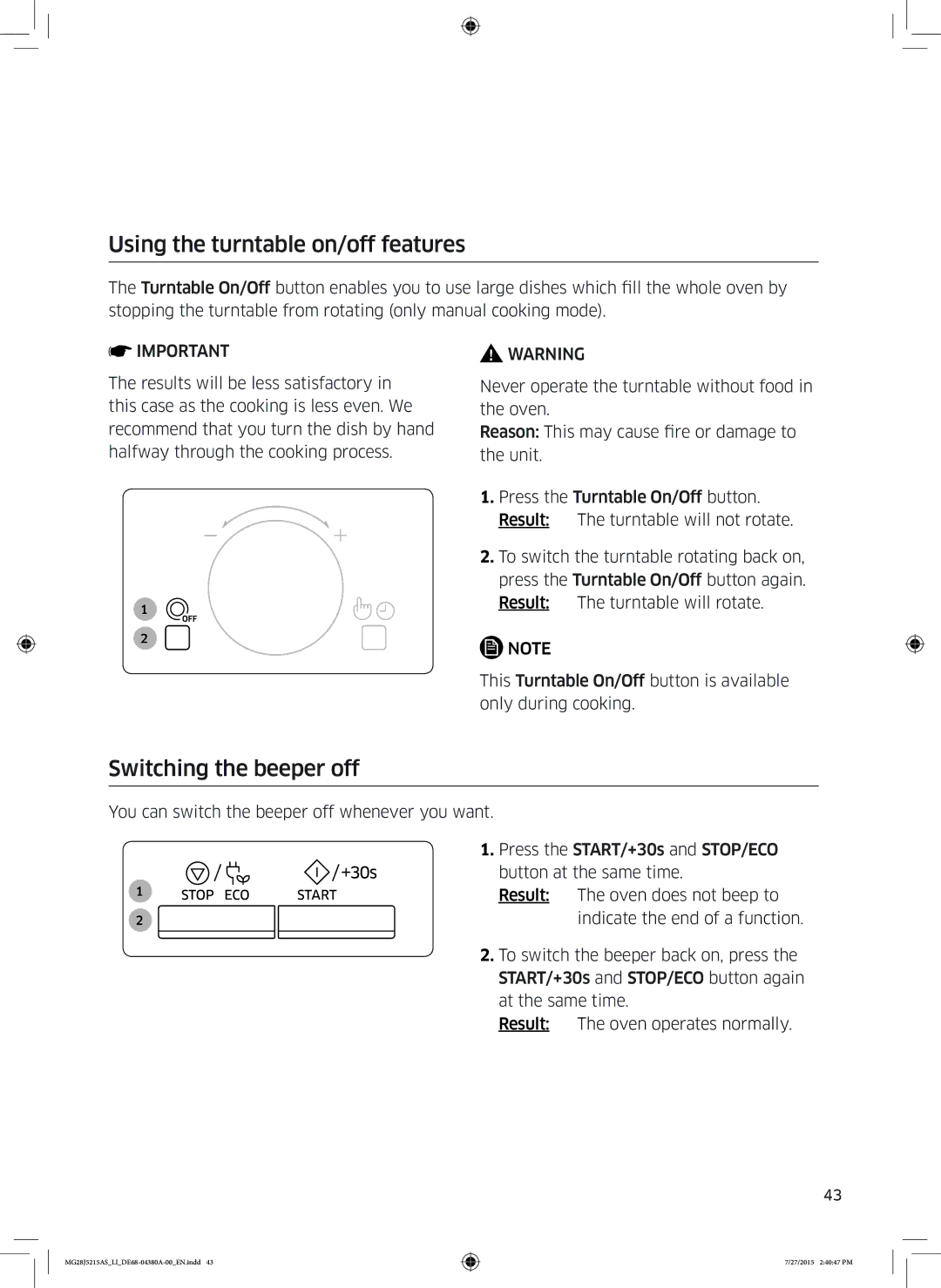 Samsung MG28J5215AS/LI manual Using the turntable on/off features, Switching the beeper off 