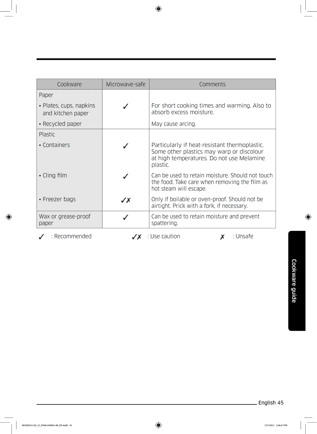 Samsung MG28J5215AS/LI manual Cookware guide 