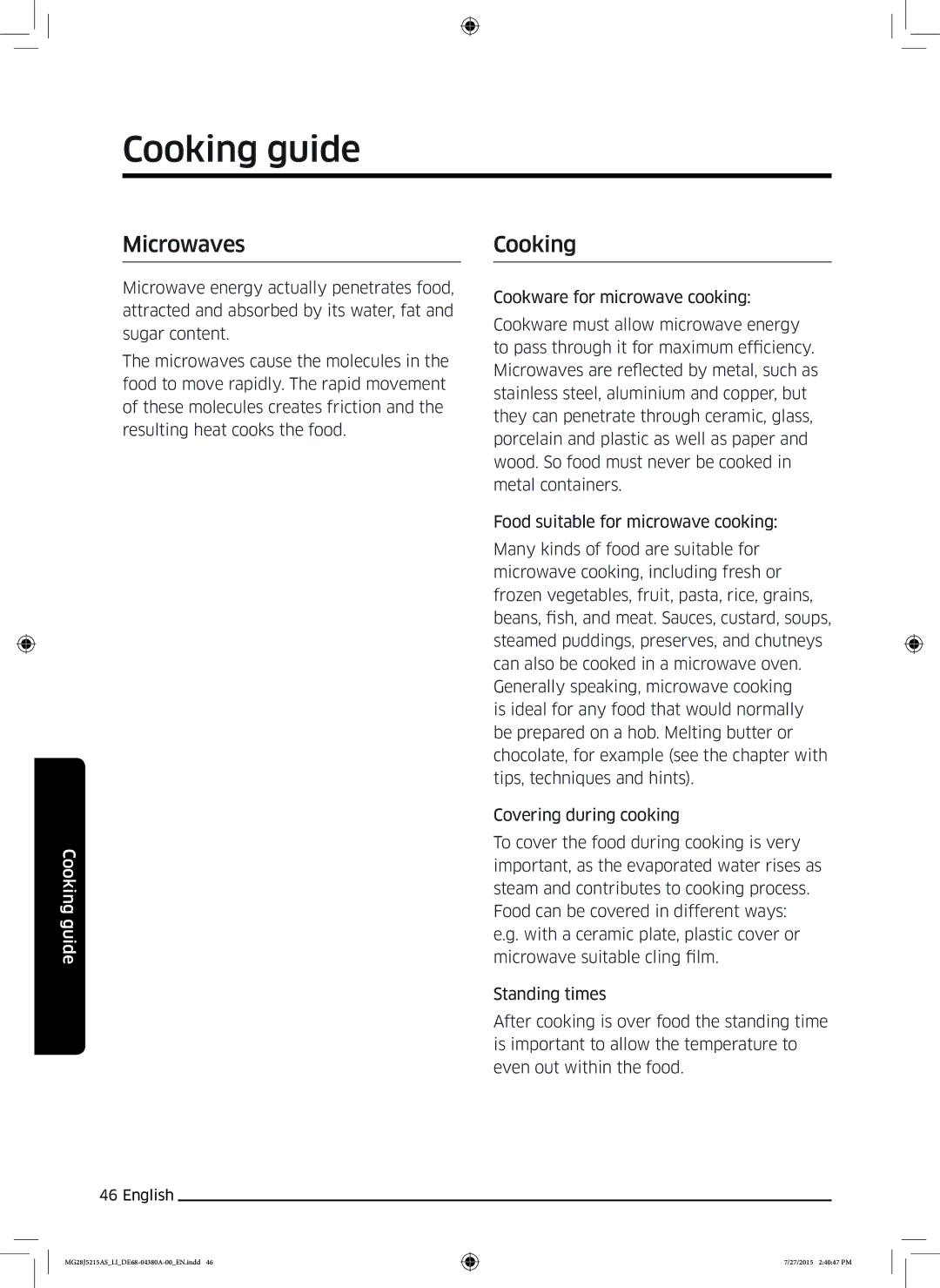 Samsung MG28J5215AS/LI manual Cooking guide, Microwaves 