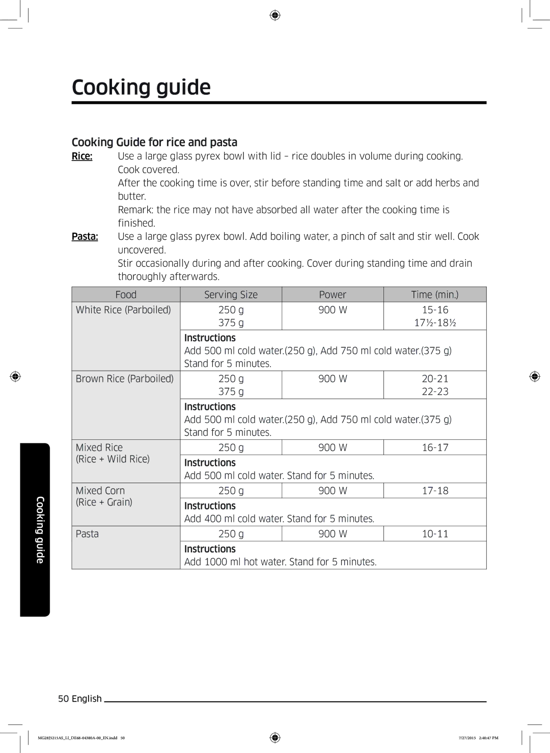 Samsung MG28J5215AS/LI manual Cooking Guide for rice and pasta 