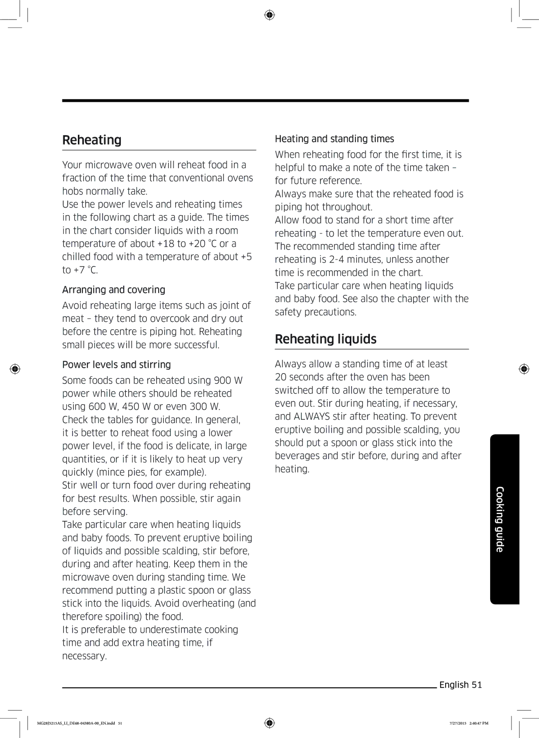 Samsung MG28J5215AS/LI manual Reheating liquids 