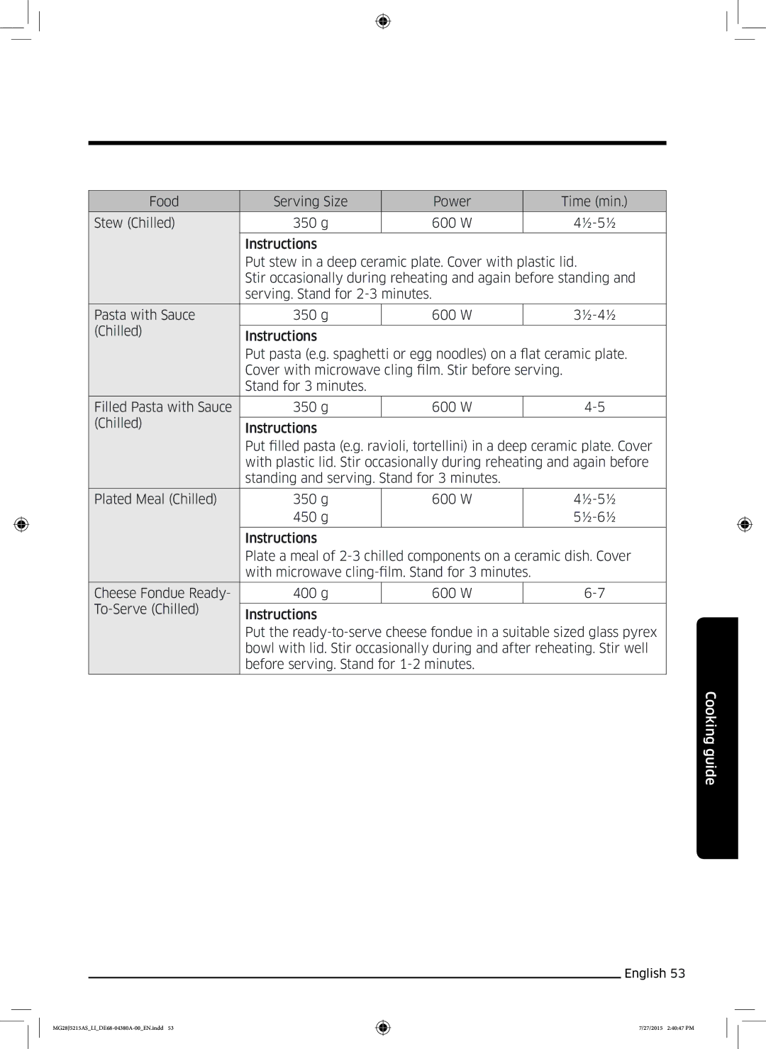 Samsung MG28J5215AS/LI manual Cooking guide 