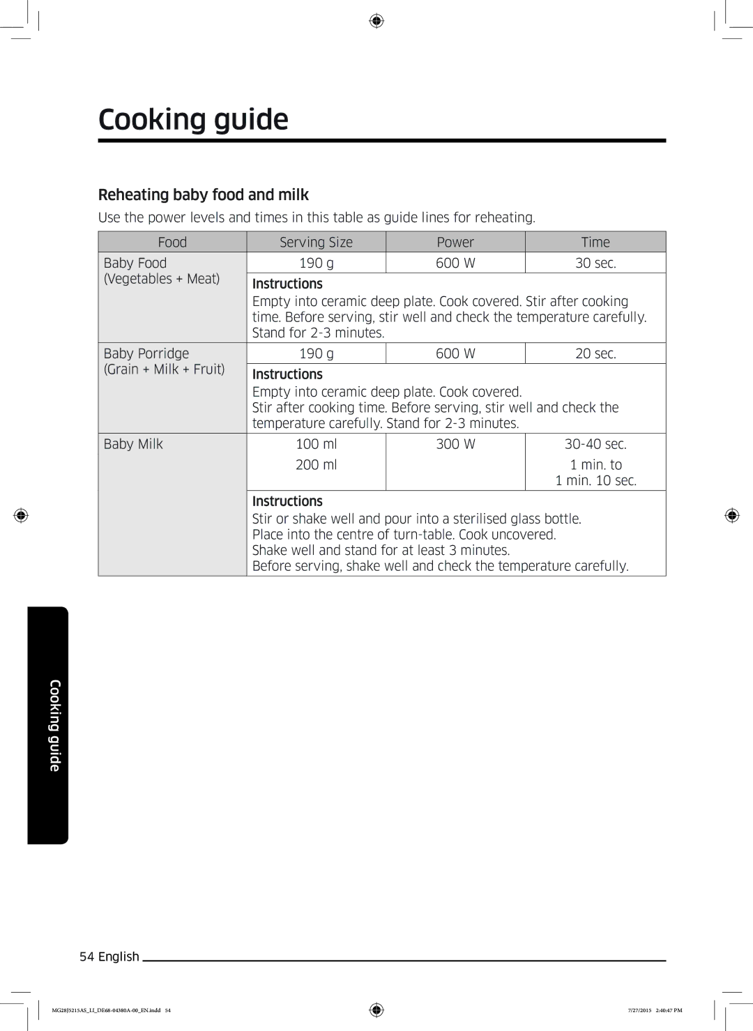 Samsung MG28J5215AS/LI manual Reheating baby food and milk 