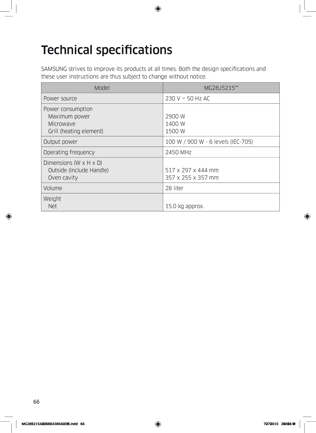 Samsung MG28J5215AS/LI manual Technical specifications 