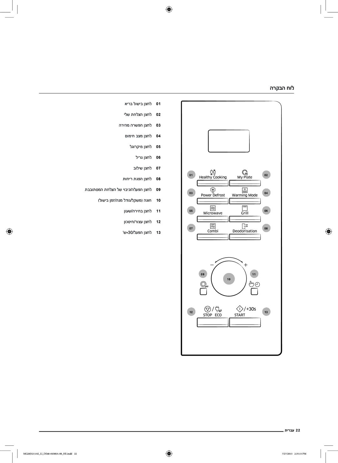 Samsung MG28J5215AS/LI manual הרקבה חול, ןועש/הריחב ןצחל ןוכסיח/רוצע ןצחל +30/לעפה ןצחל 