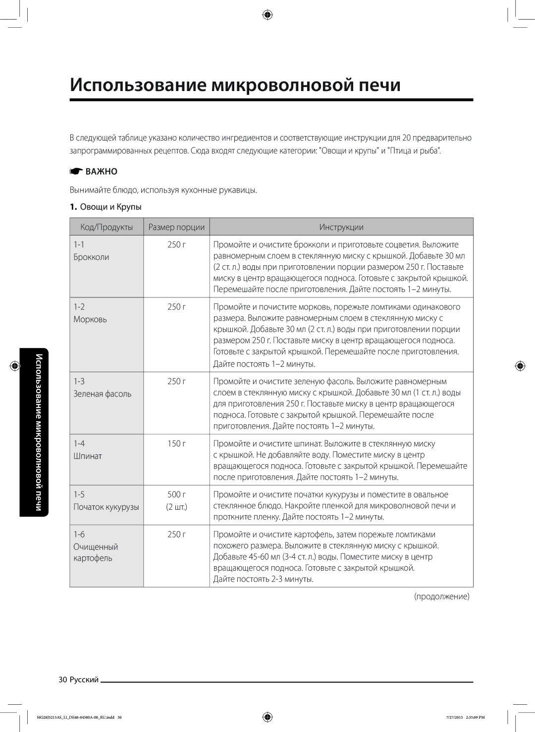 Samsung MG28J5215AS/LI manual Инструкции, Брокколи, Морковь, Дайте постоять 1-2 минуты, Зеленая фасоль, Очищенный 