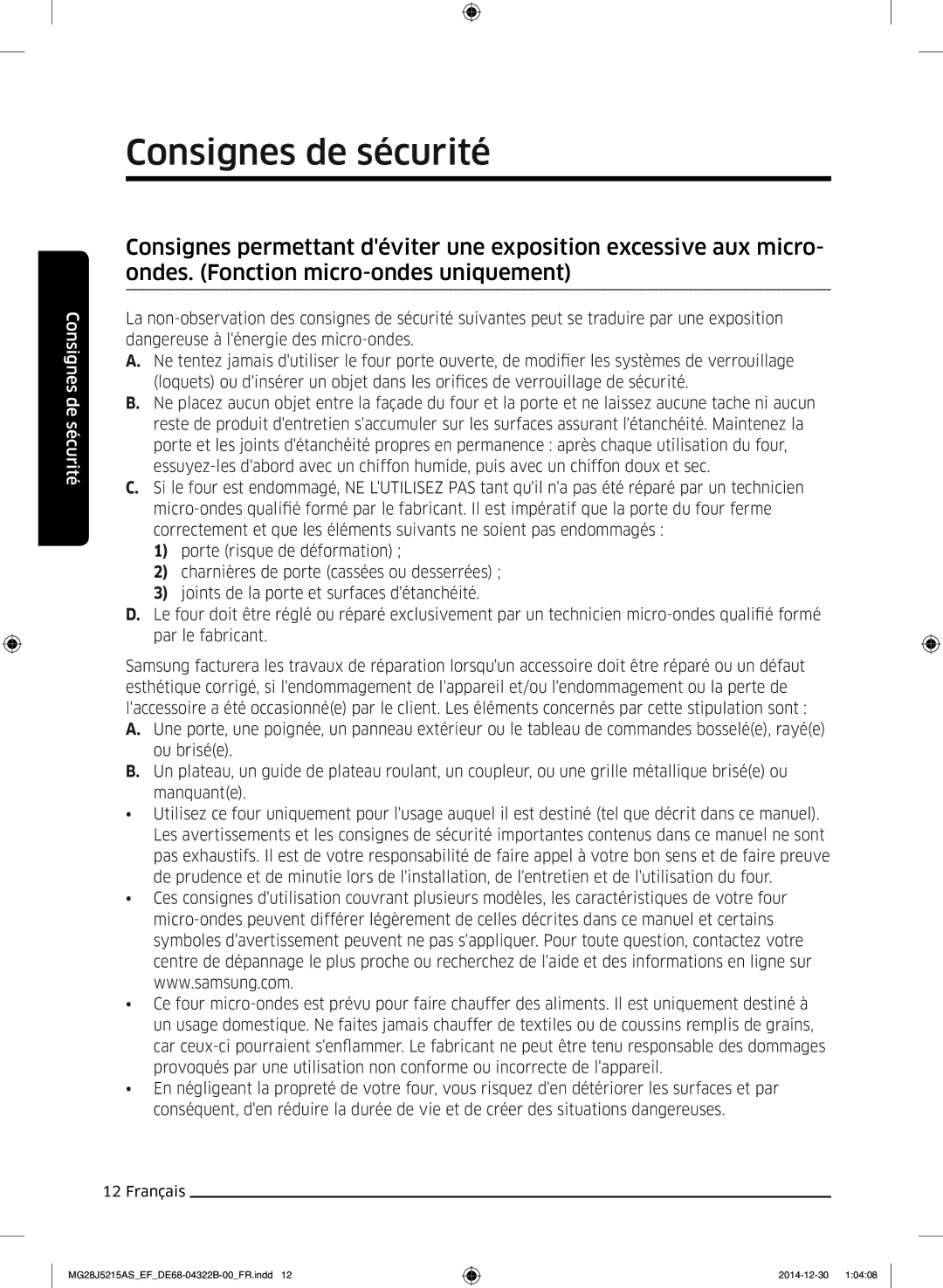 Samsung MG28J5215AS/EF, MG28J5215AW/EF manual Consignes de sécurité 