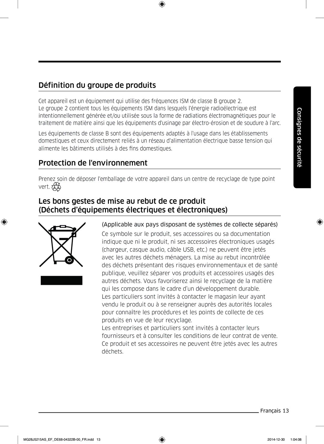 Samsung MG28J5215AW/EF, MG28J5215AS/EF manual Définition du groupe de produits, Protection de lenvironnement 