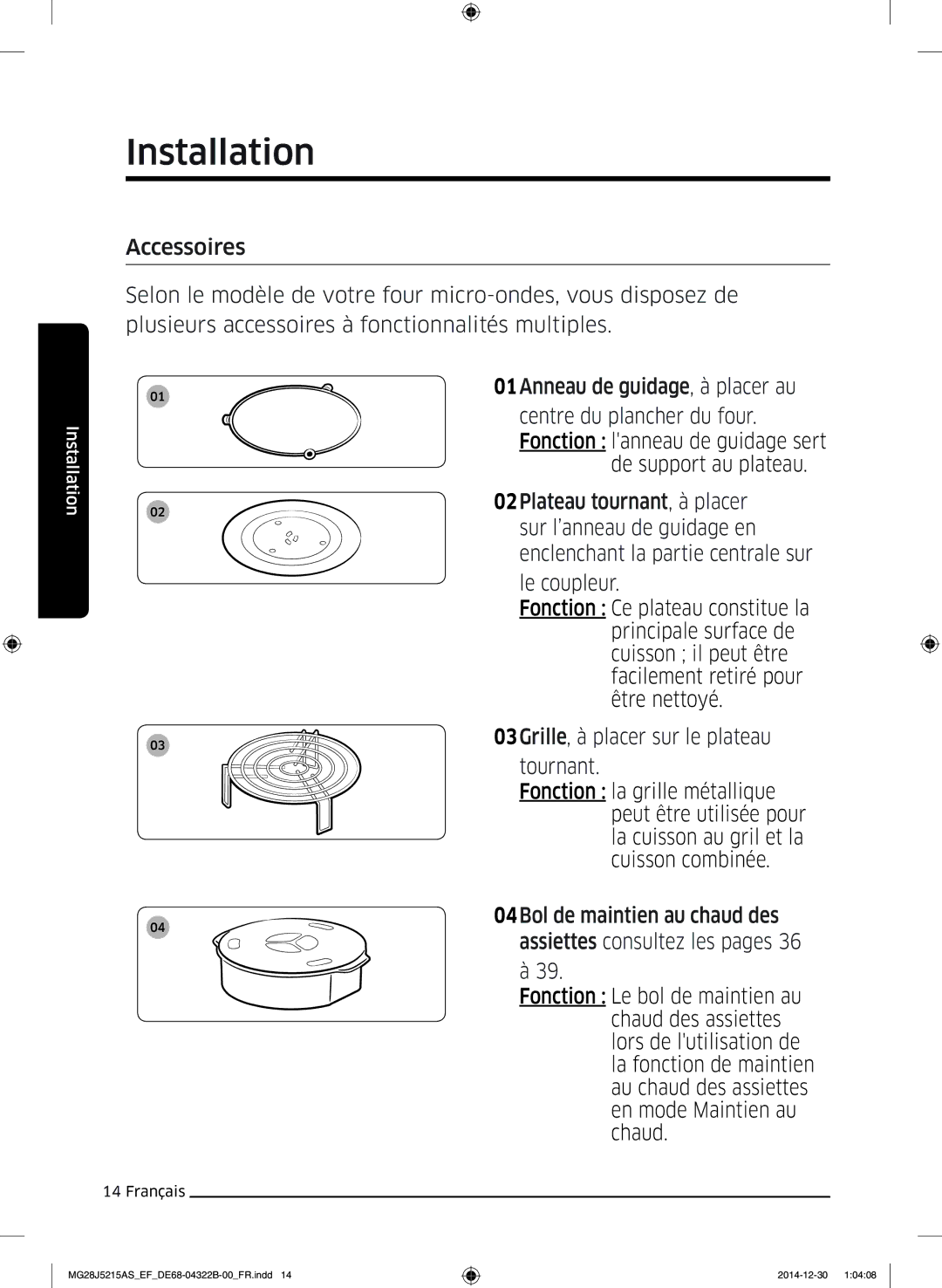 Samsung MG28J5215AS/EF manual Installation, De support au plateau, 02Plateau tournant, à placer, Sur l’anneau de guidage en 