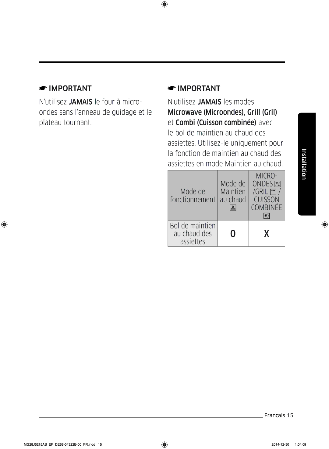 Samsung MG28J5215AW/EF, MG28J5215AS/EF manual Mode de, Bol de maintien Au chaud des 