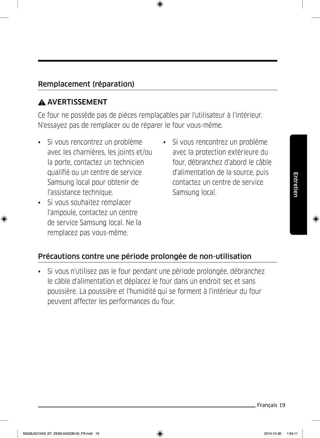 Samsung MG28J5215AW/EF, MG28J5215AS/EF manual Remplacement réparation, Avertissement 