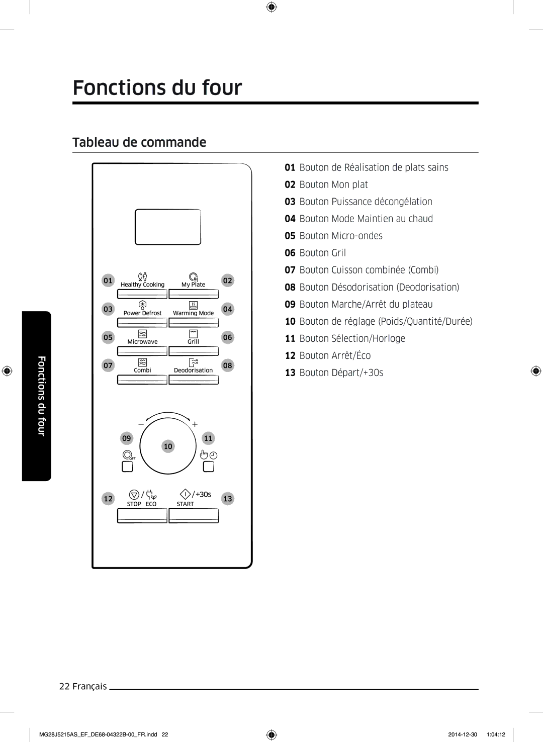 Samsung MG28J5215AS/EF, MG28J5215AW/EF manual Tableau de commande 