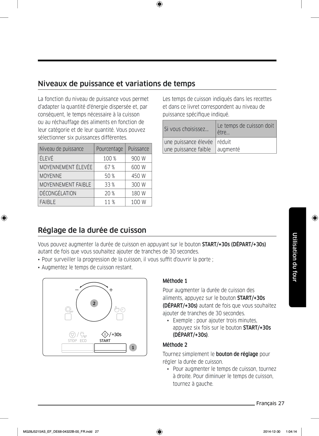 Samsung MG28J5215AW/EF, MG28J5215AS/EF manual Niveaux de puissance et variations de temps, Réglage de la durée de cuisson 