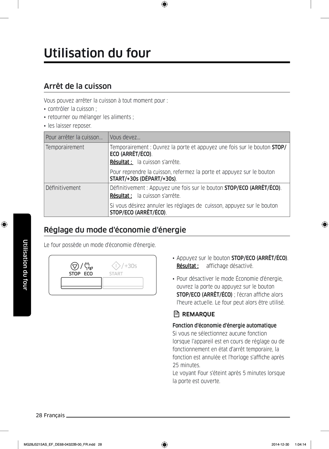 Samsung MG28J5215AS/EF, MG28J5215AW/EF manual Arrêt de la cuisson, Réglage du mode déconomie dénergie 