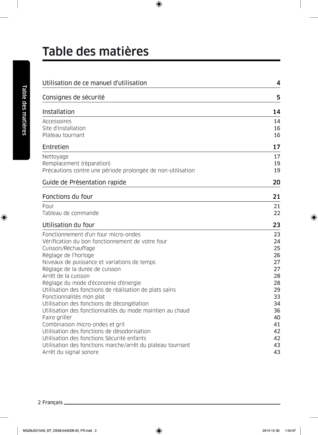 Samsung MG28J5215AS/EF, MG28J5215AW/EF manual Table des matières 