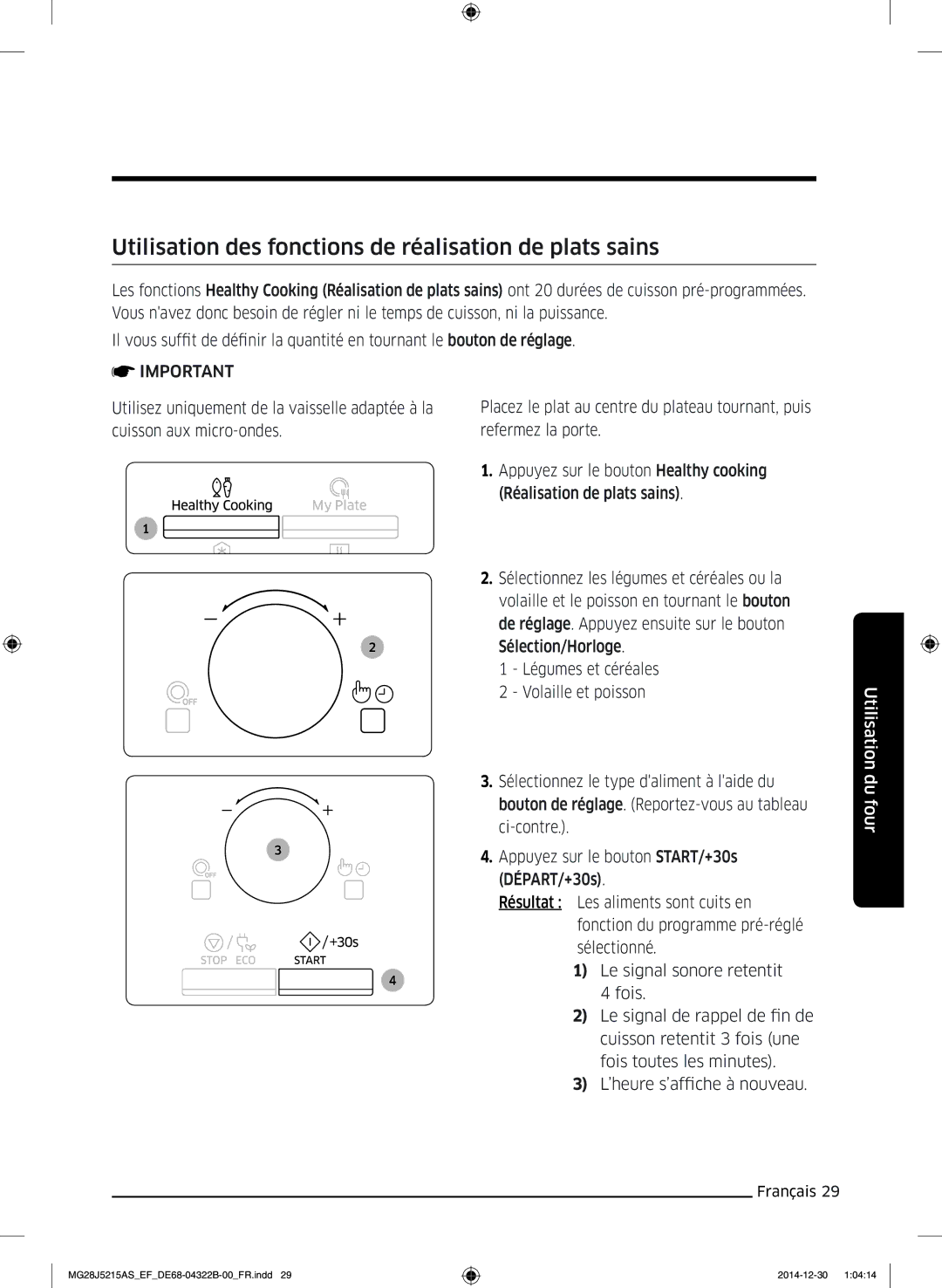 Samsung MG28J5215AW/EF, MG28J5215AS/EF manual Utilisation des fonctions de réalisation de plats sains 