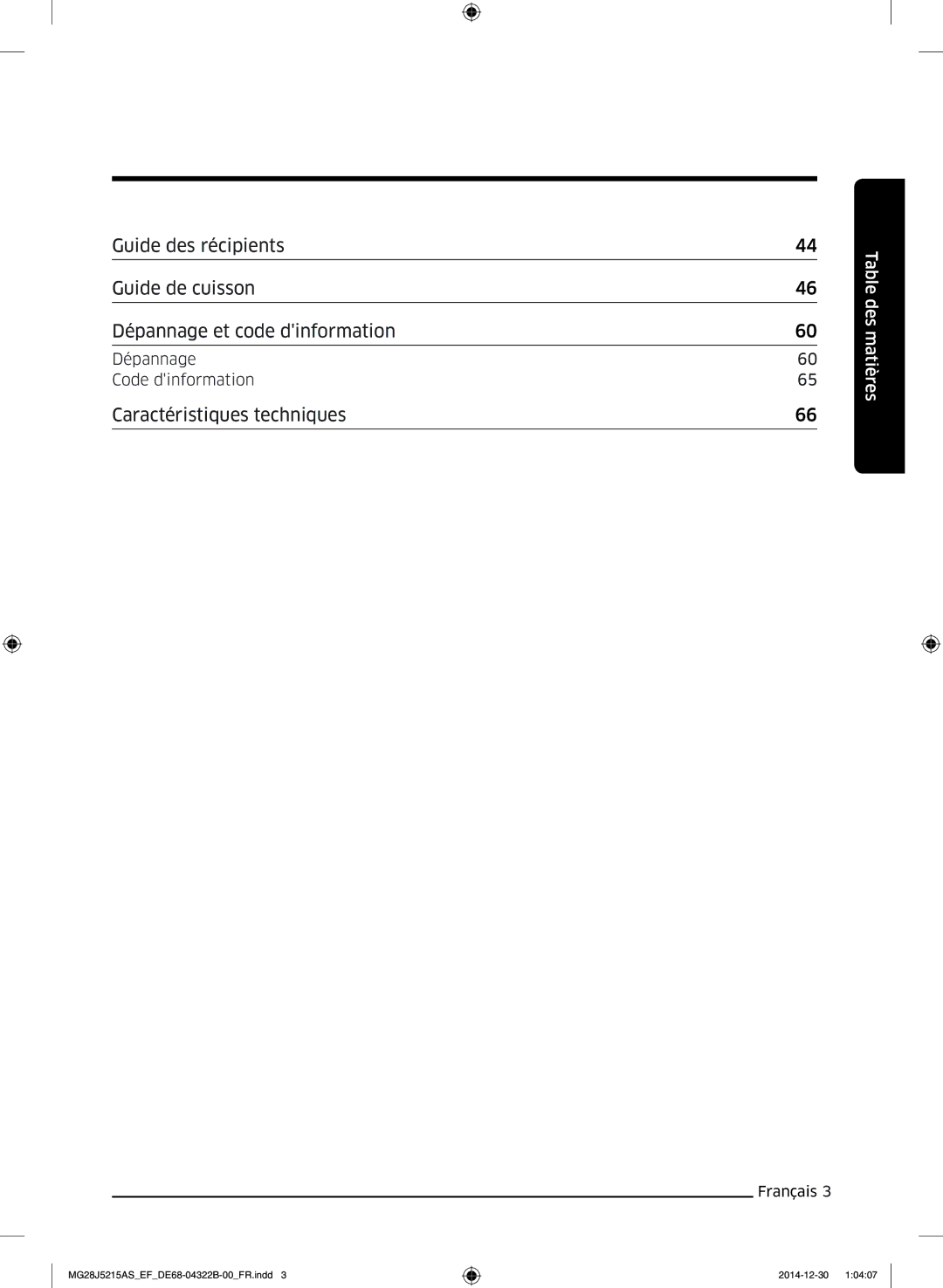 Samsung MG28J5215AW/EF, MG28J5215AS/EF manual Caractéristiques techniques, Dépannage Code dinformation 