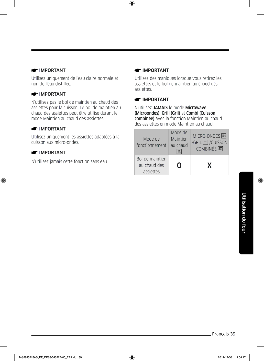 Samsung MG28J5215AW/EF, MG28J5215AS/EF manual Mode de, Maintien 