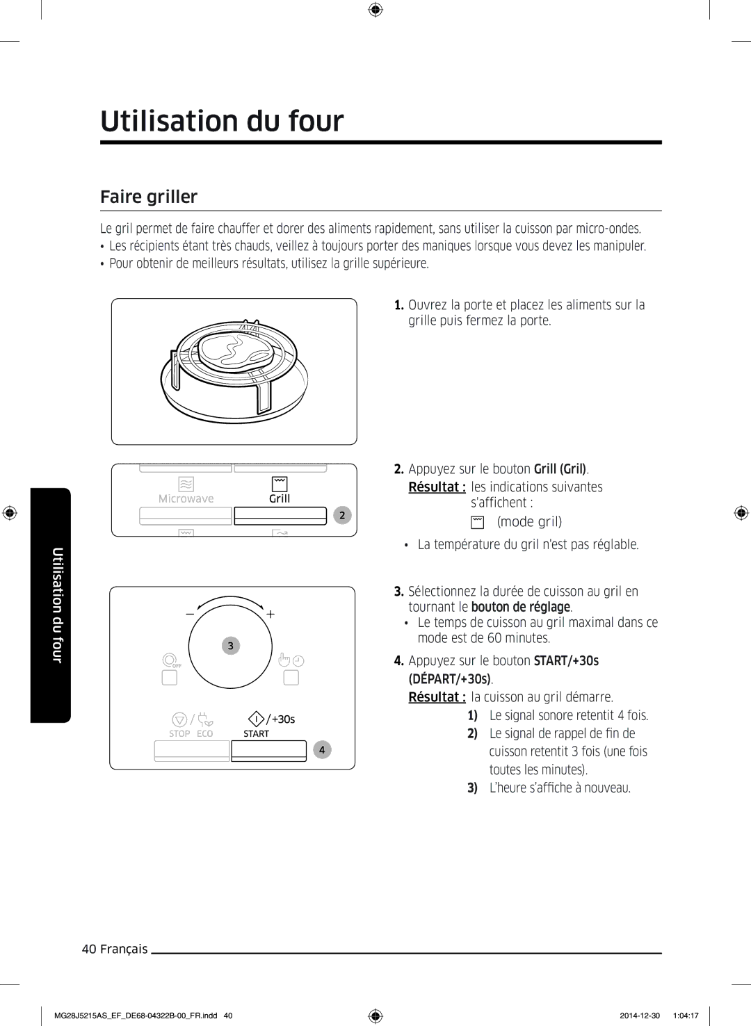 Samsung MG28J5215AS/EF, MG28J5215AW/EF manual Faire griller, Toutes les minutes ’heure s’affiche à nouveau 