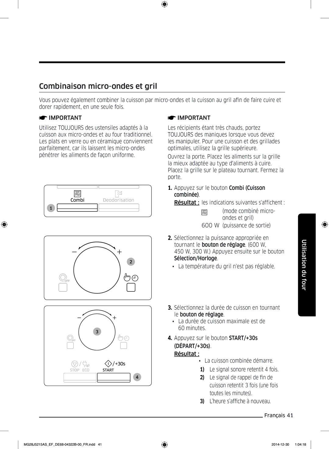 Samsung MG28J5215AW/EF, MG28J5215AS/EF manual Combinaison micro-ondes et gril 