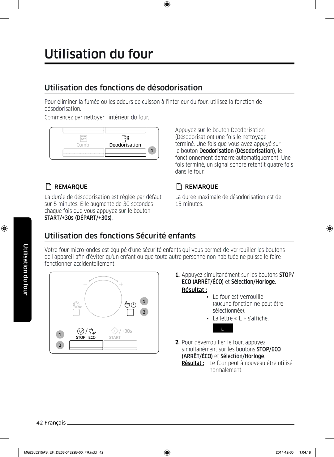 Samsung MG28J5215AS/EF manual Utilisation des fonctions de désodorisation, Utilisation des fonctions Sécurité enfants 