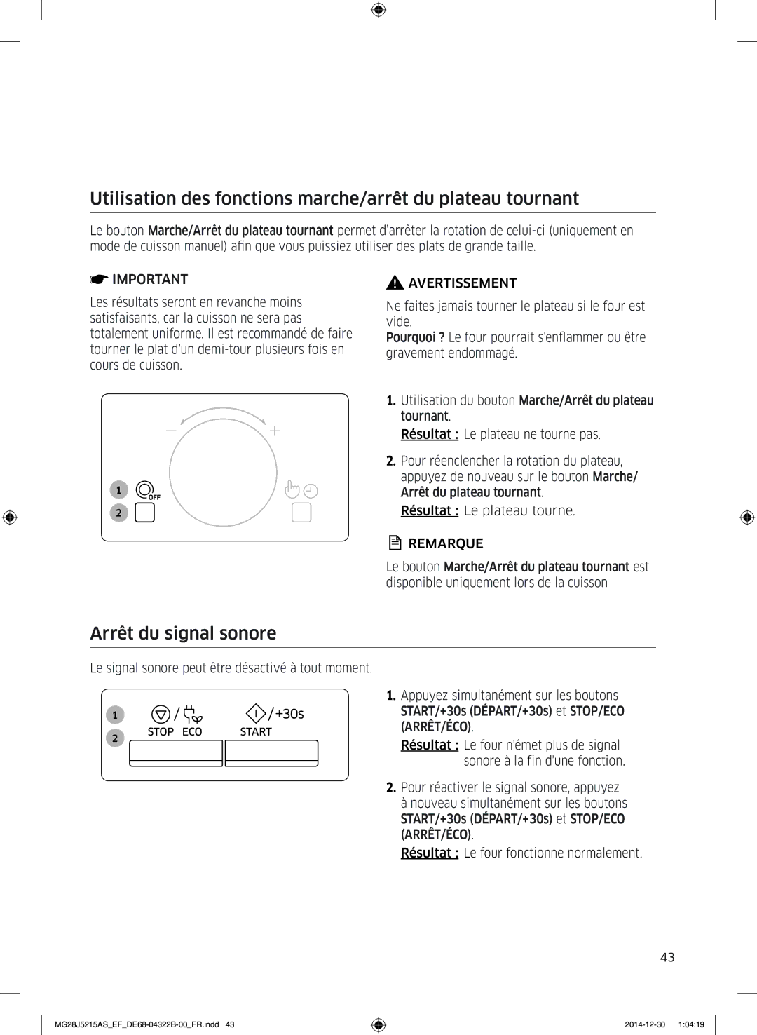 Samsung MG28J5215AW/EF, MG28J5215AS/EF Utilisation des fonctions marche/arrêt du plateau tournant, Arrêt du signal sonore 