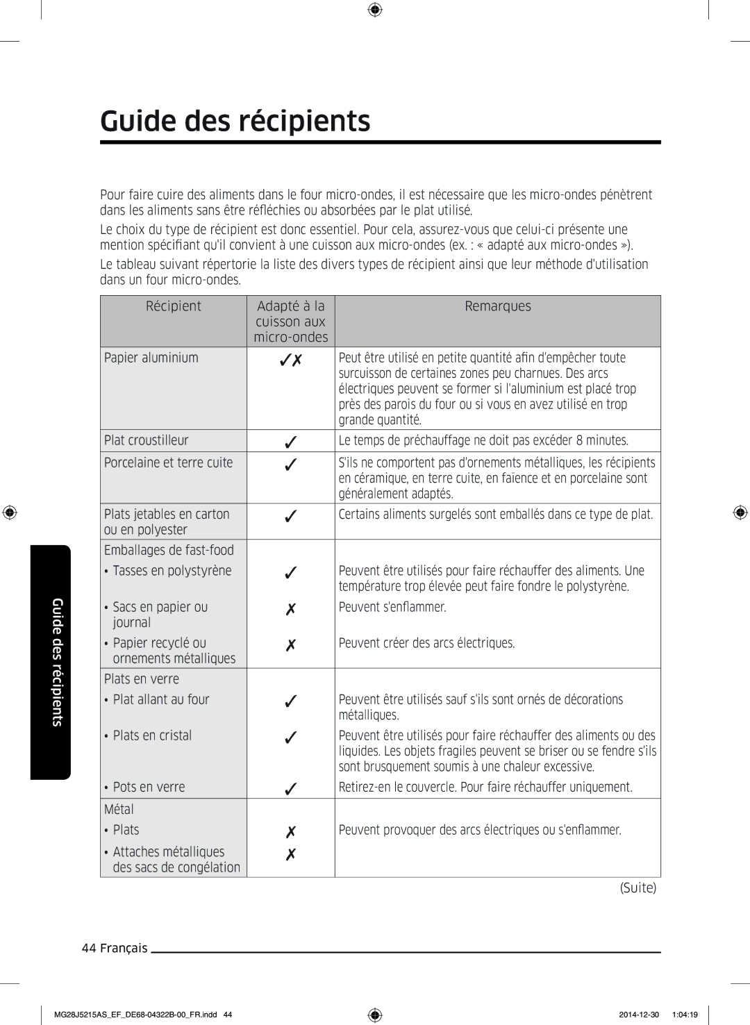 Samsung MG28J5215AS/EF, MG28J5215AW/EF manual Guide des récipients 