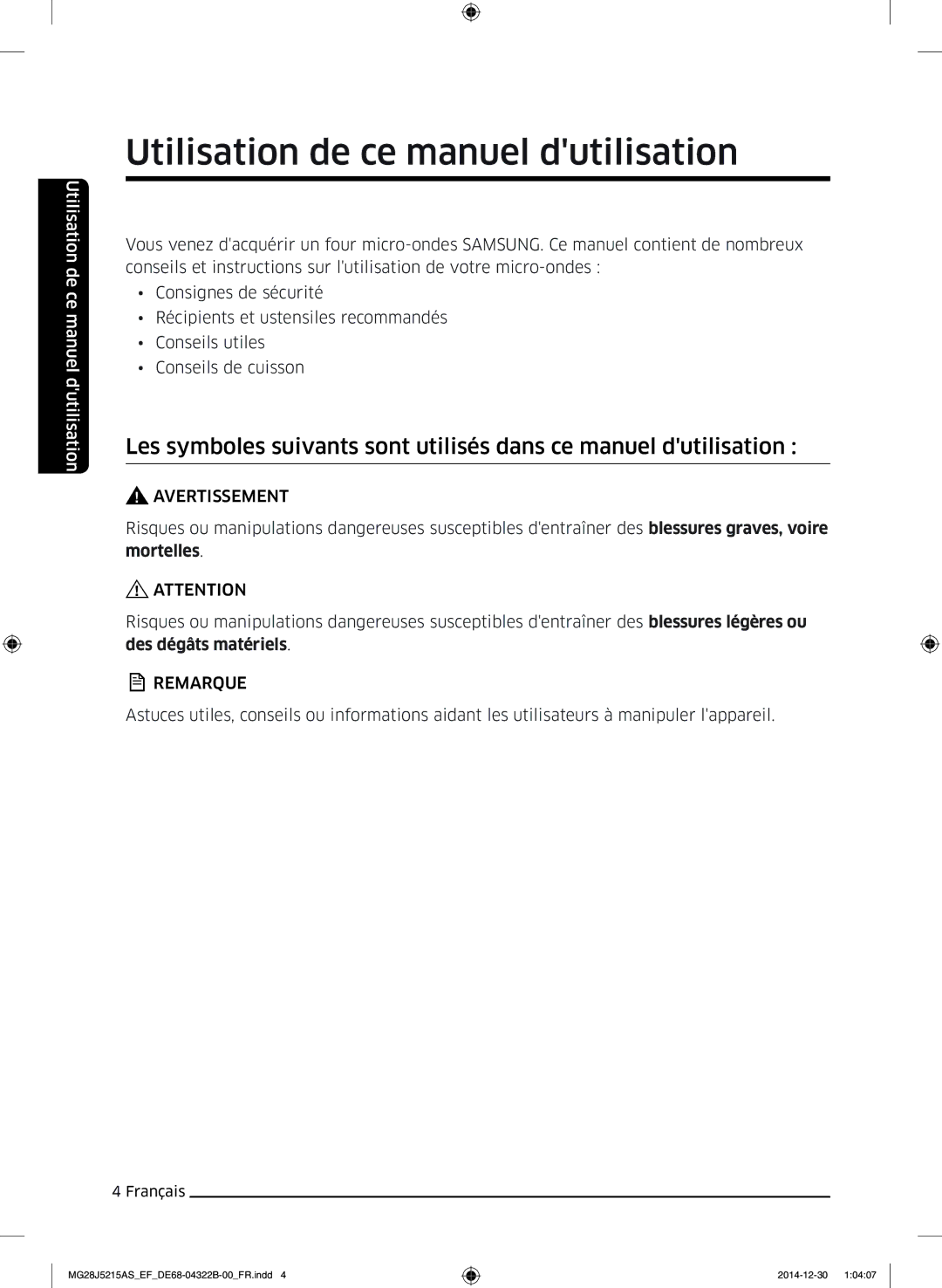 Samsung MG28J5215AS/EF, MG28J5215AW/EF manual Utilisation de ce manuel dutilisation, Avertissement 