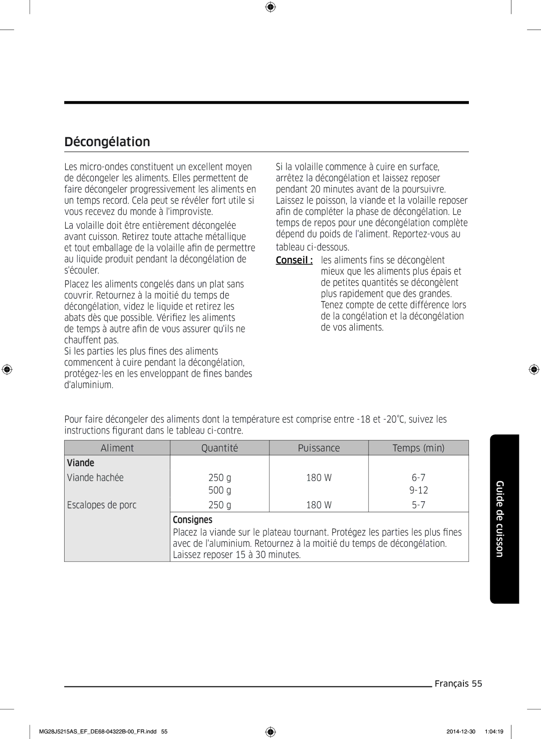 Samsung MG28J5215AW/EF, MG28J5215AS/EF manual Décongélation, g Escalopes de porc 250 g 