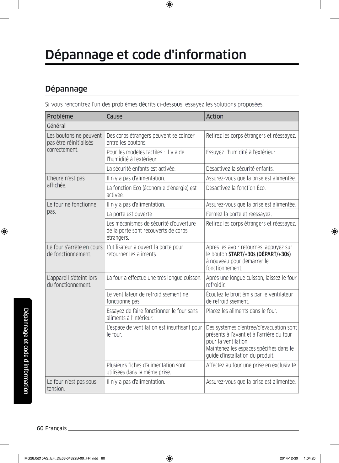 Samsung MG28J5215AS/EF, MG28J5215AW/EF manual Dépannage et code dinformation 