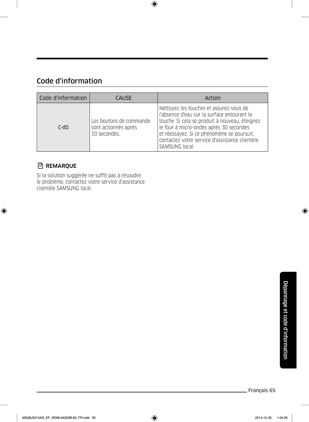 Samsung MG28J5215AW/EF, MG28J5215AS/EF manual Code dinformation, Nettoyez les touches et assurez-vous de 