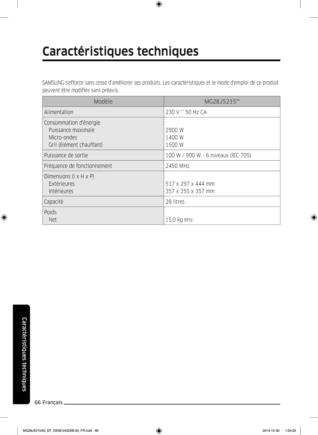 Samsung MG28J5215AS/EF, MG28J5215AW/EF manual Caractéristiques techniques 