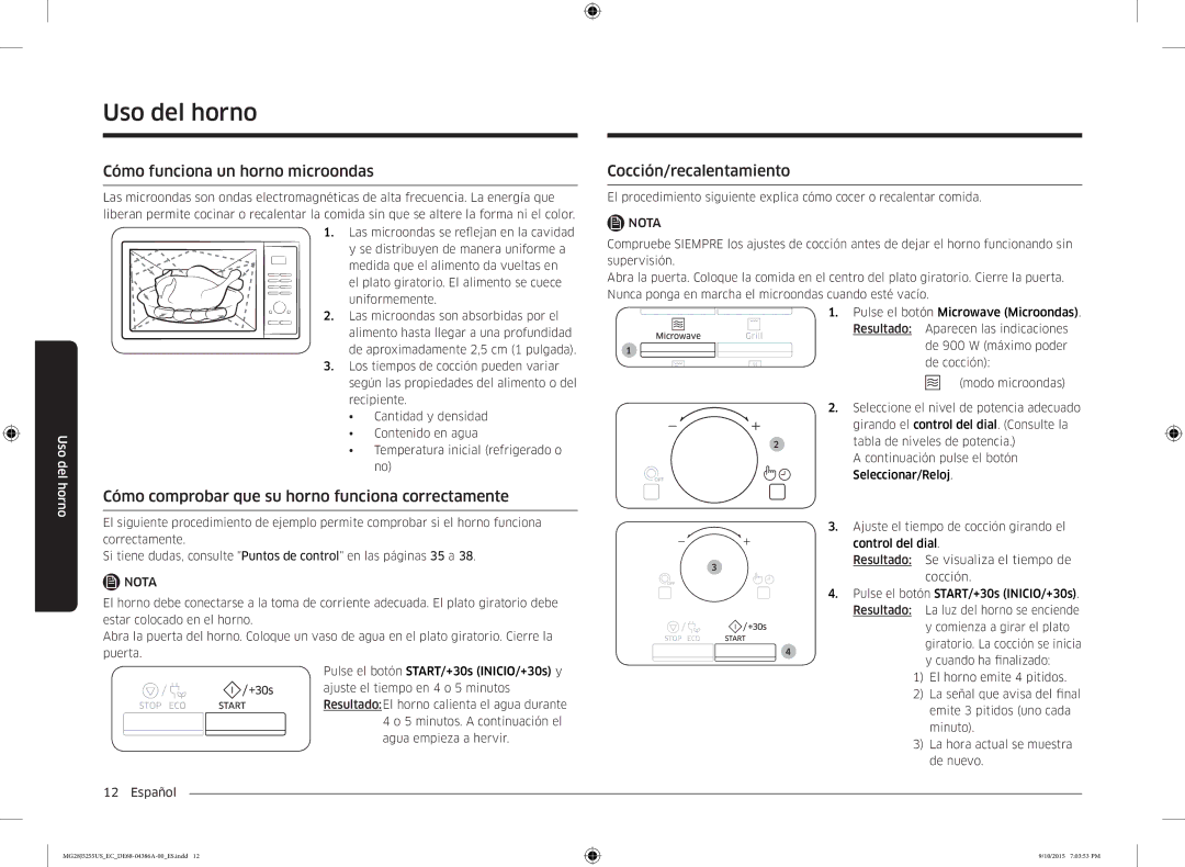 Samsung MG28J5255US/EC manual Uso del horno, Cómo funciona un horno microondas, Cocción/recalentamiento 