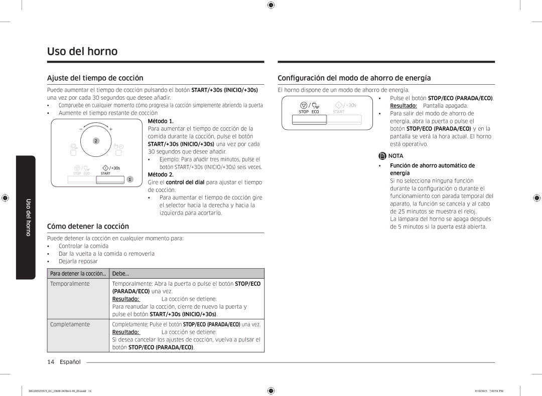 Samsung MG28J5255US/EC Ajuste del tiempo de cocción, Cómo detener la cocción, Configuración del modo de ahorro de energía 