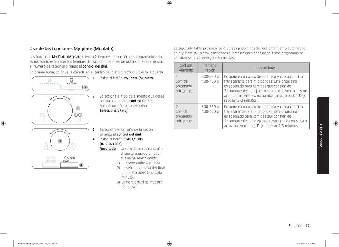 Samsung MG28J5255US/EC manual Uso de las funciones My plate Mi plato 