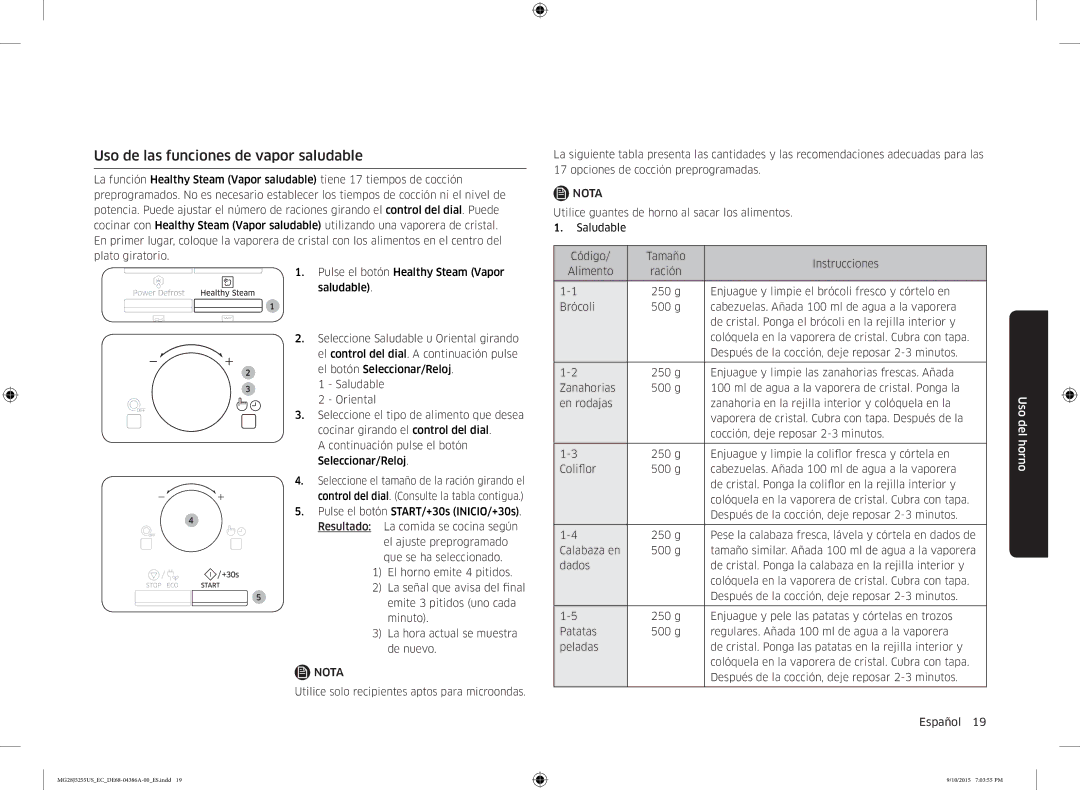 Samsung MG28J5255US/EC manual Uso de las funciones de vapor saludable 