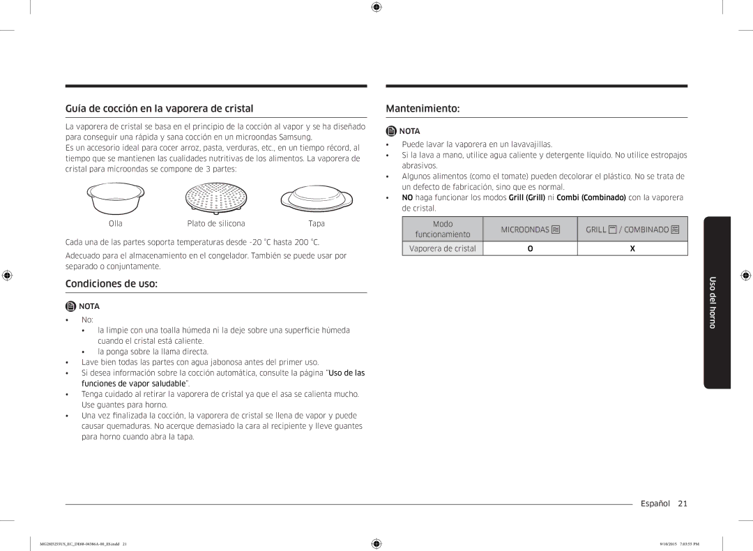 Samsung MG28J5255US/EC manual Guía de cocción en la vaporera de cristal, Condiciones de uso, Vaporera de cristal Español  