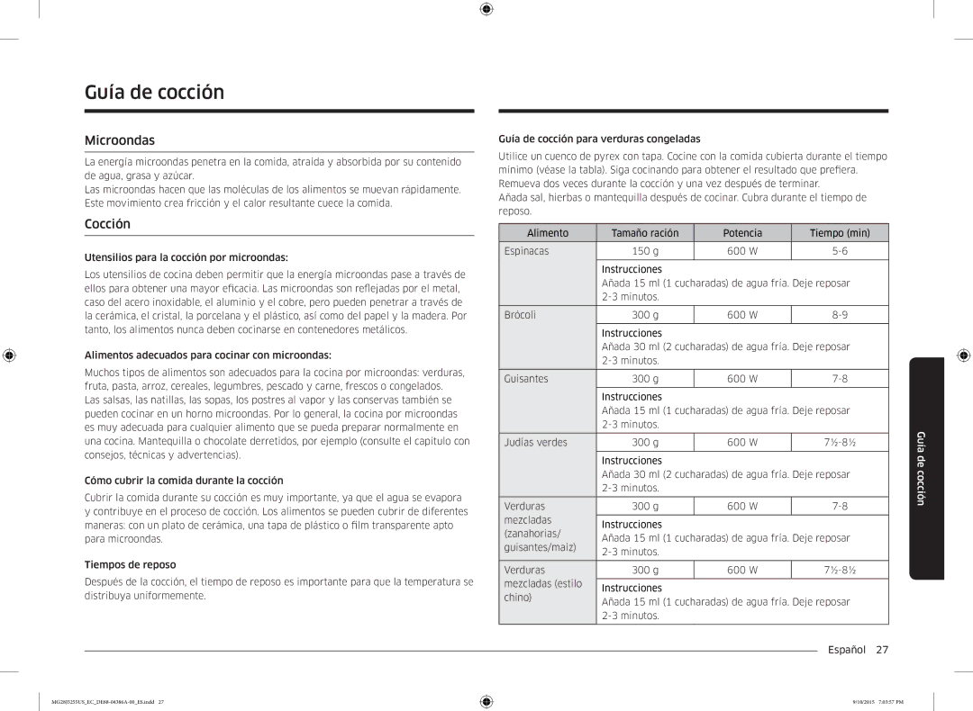 Samsung MG28J5255US/EC manual Guía de cocción, Microondas, Cocción 