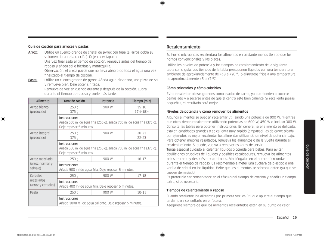 Samsung MG28J5255US/EC manual Recalentamiento 