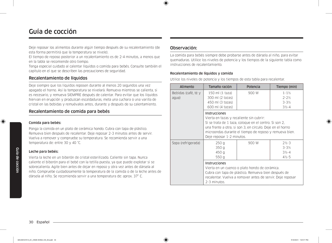 Samsung MG28J5255US/EC manual Recalentamiento de líquidos, Recalentamiento de comida para bebés, Observación 