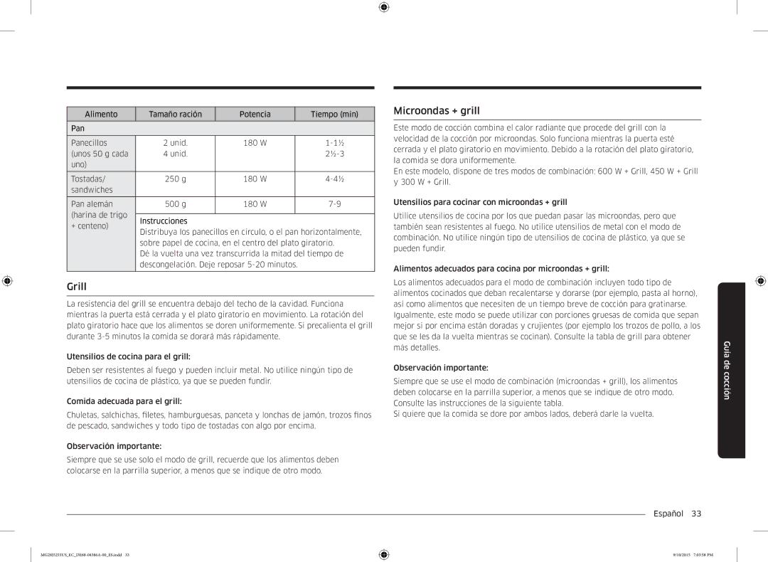 Samsung MG28J5255US/EC manual Grill, Microondas + grill 