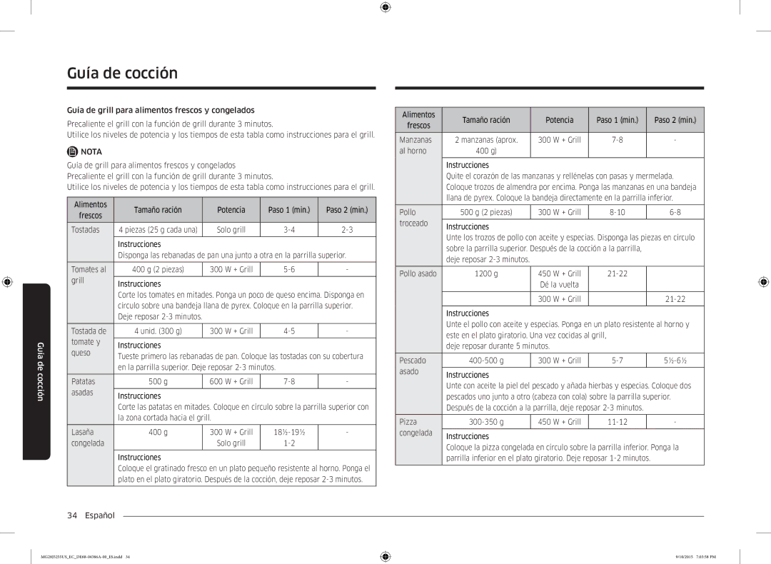 Samsung MG28J5255US/EC manual Grill Instrucciones, Tostada de, Tomate y Instrucciones Queso, Asadas Instrucciones, Al horno 