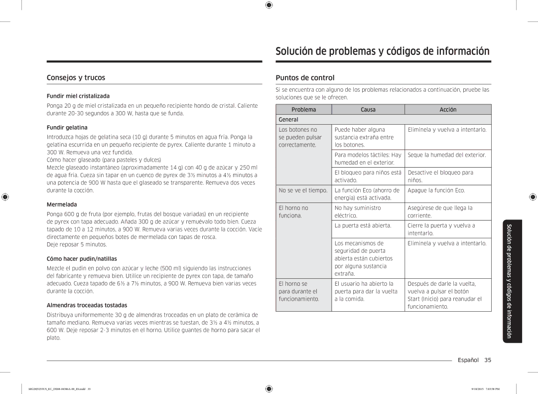 Samsung MG28J5255US/EC manual Solución de problemas y códigos de información, Consejos y trucos, Puntos de control 