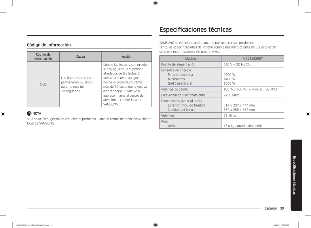 Samsung MG28J5255US/EC manual Especificaciones técnicas, Código de información, Samsung, FicacionesEspecitécnicas 