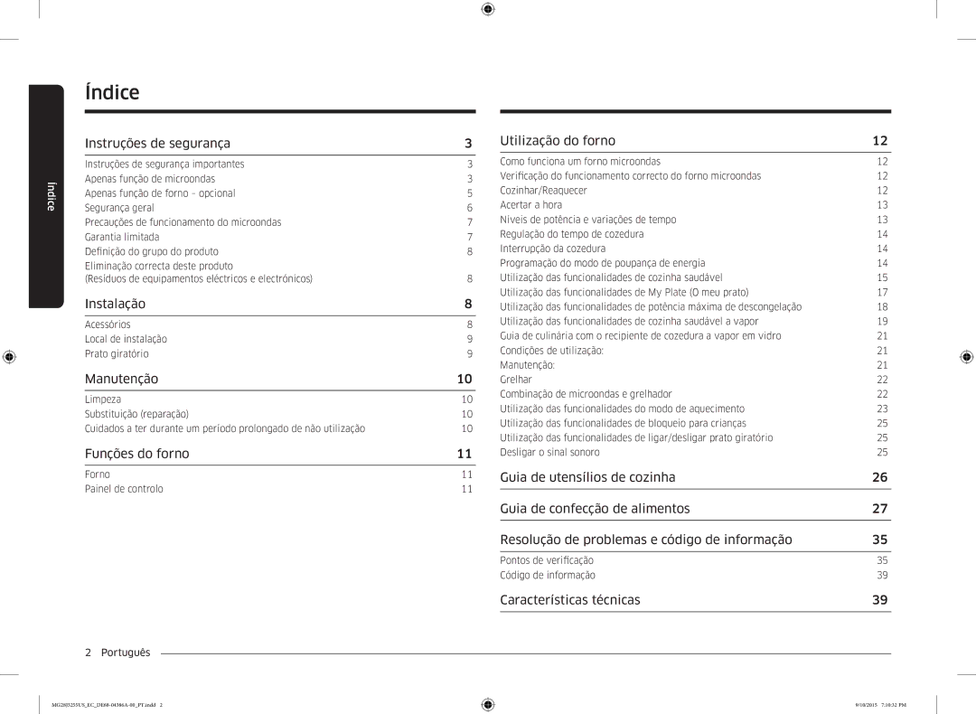 Samsung MG28J5255US/EC manual Instruções de segurança, Instalação, Manutenção, Funções do forno, Utilização do forno 