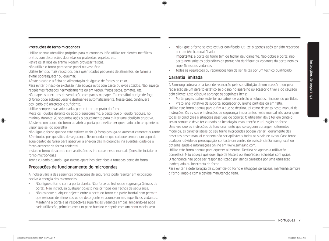 Samsung MG28J5255US/EC manual Precauções de funcionamento do microondas, Garantia limitada 