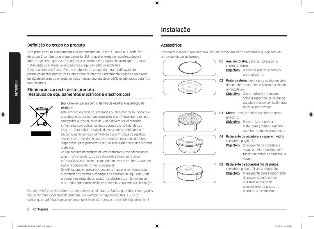 Samsung MG28J5255US/EC manual Instalação, Definição do grupo do produto, Acessórios 