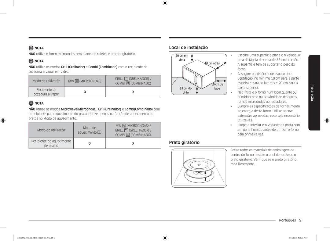 Samsung MG28J5255US/EC manual Local de instalação, Prato giratório, Microondas Grill Grelhador Combi Combinado 