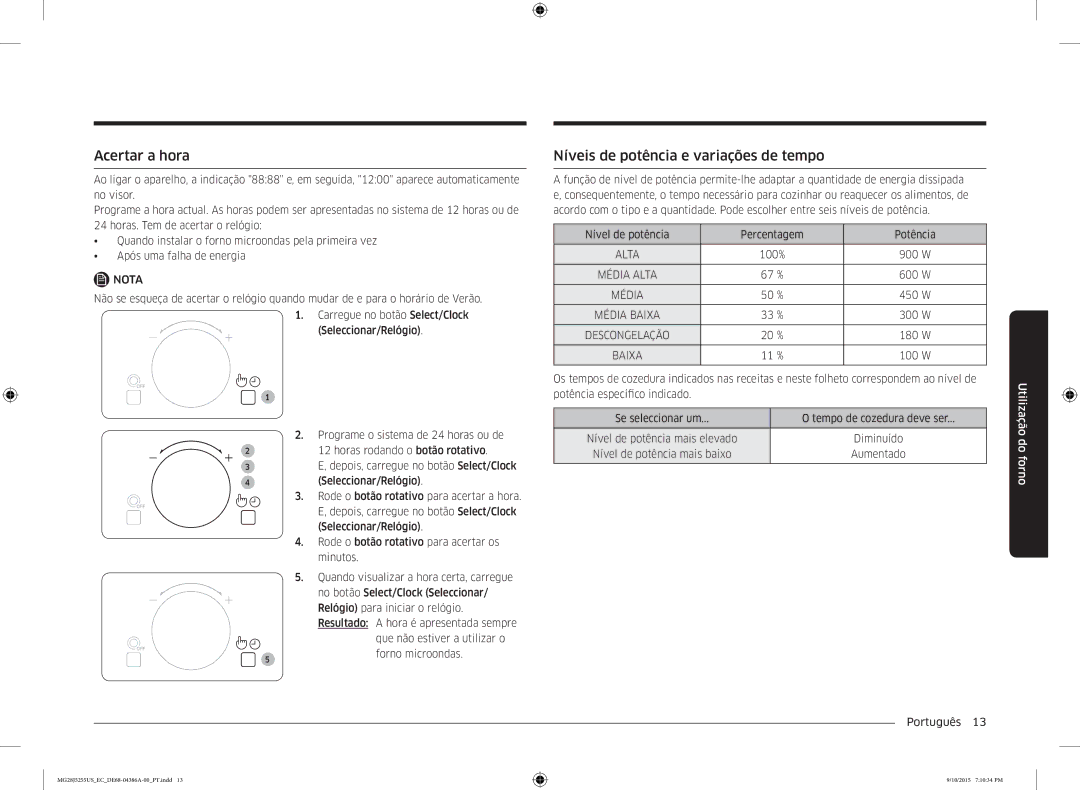 Samsung MG28J5255US/EC manual Acertar a hora, Níveis de potência e variações de tempo, Média 