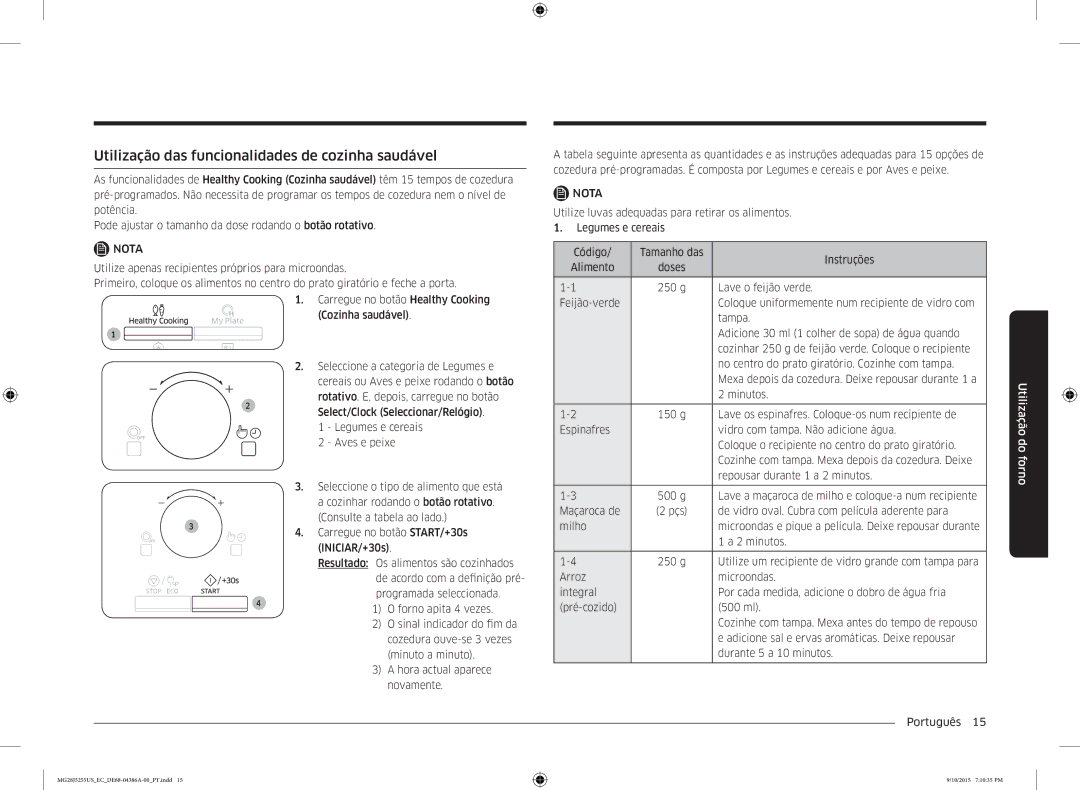 Samsung MG28J5255US/EC manual Utilização das funcionalidades de cozinha saudável, Instruções 